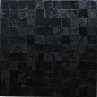 Glossy black handmade hide rug tiles, Promenade Hide 30151, in a luxury designer grid pattern.