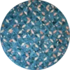 Luxury designer rug in round shape with abstract geometric patterns in blue, teal, pink, and peach.