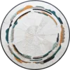 Luxury designer round handmade hide rug with abstract green, grey, black, and orange segments.