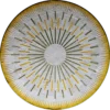 A circular, textured luxury designer rug with yellow and green radiating lines on white.