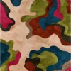 Luxury designer rug with abstract camouflage pattern in beige, red, green, blue, black, and brown.